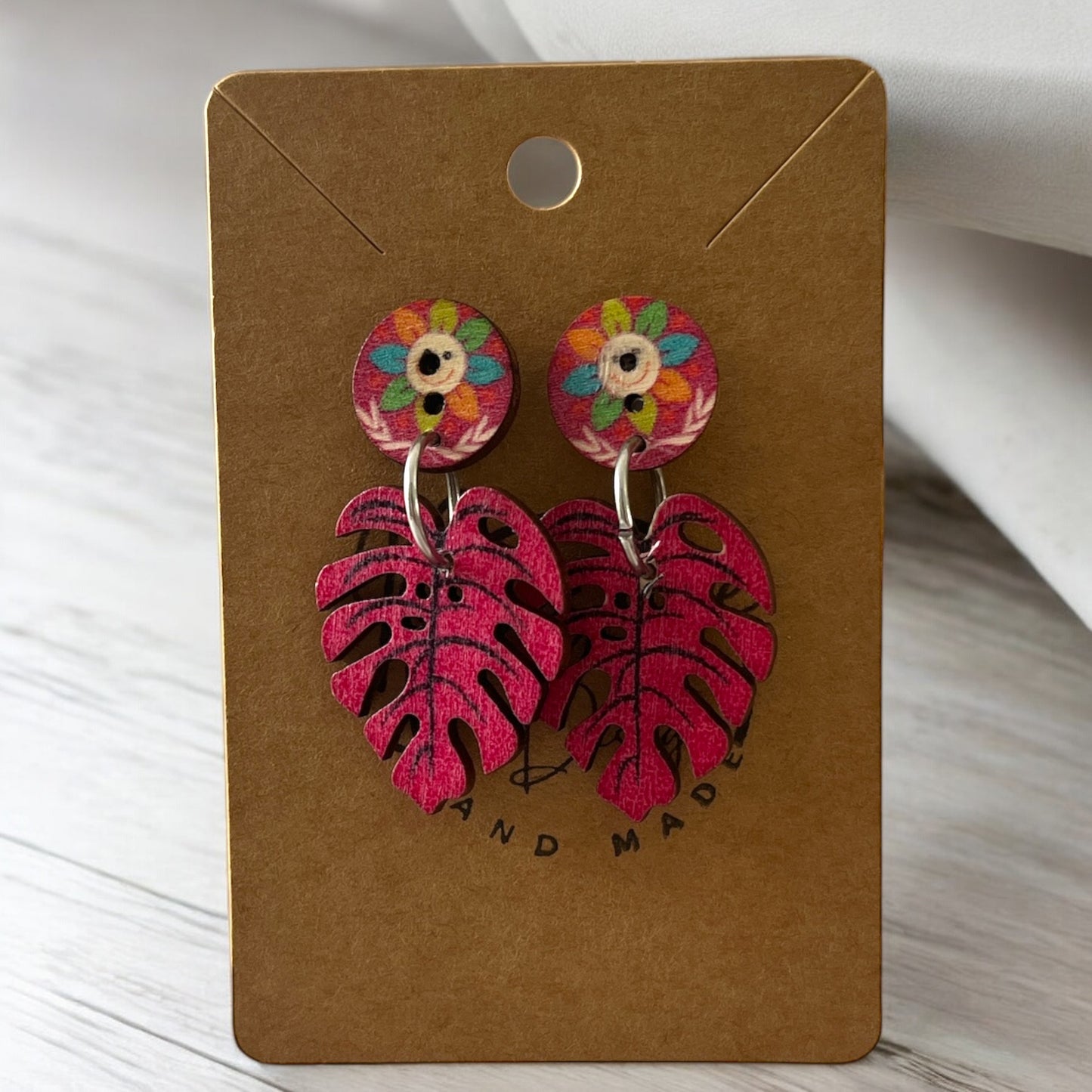 Earrings painted Wood Leaves and flowers - Träsmycken Hantverk- Bessie design handmade/ / Wooden jewelry