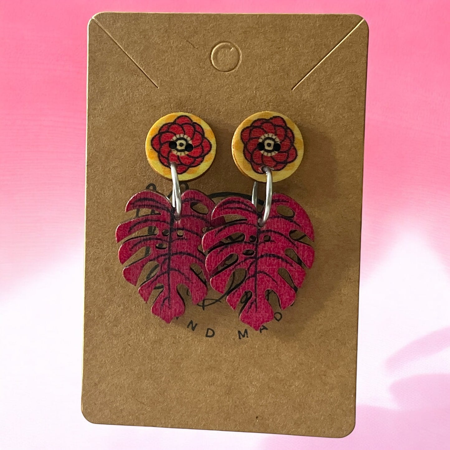 Earrings painted Wood Leaves and flowers - Träsmycken Hantverk- Bessie design handmade/ / Wooden jewelry