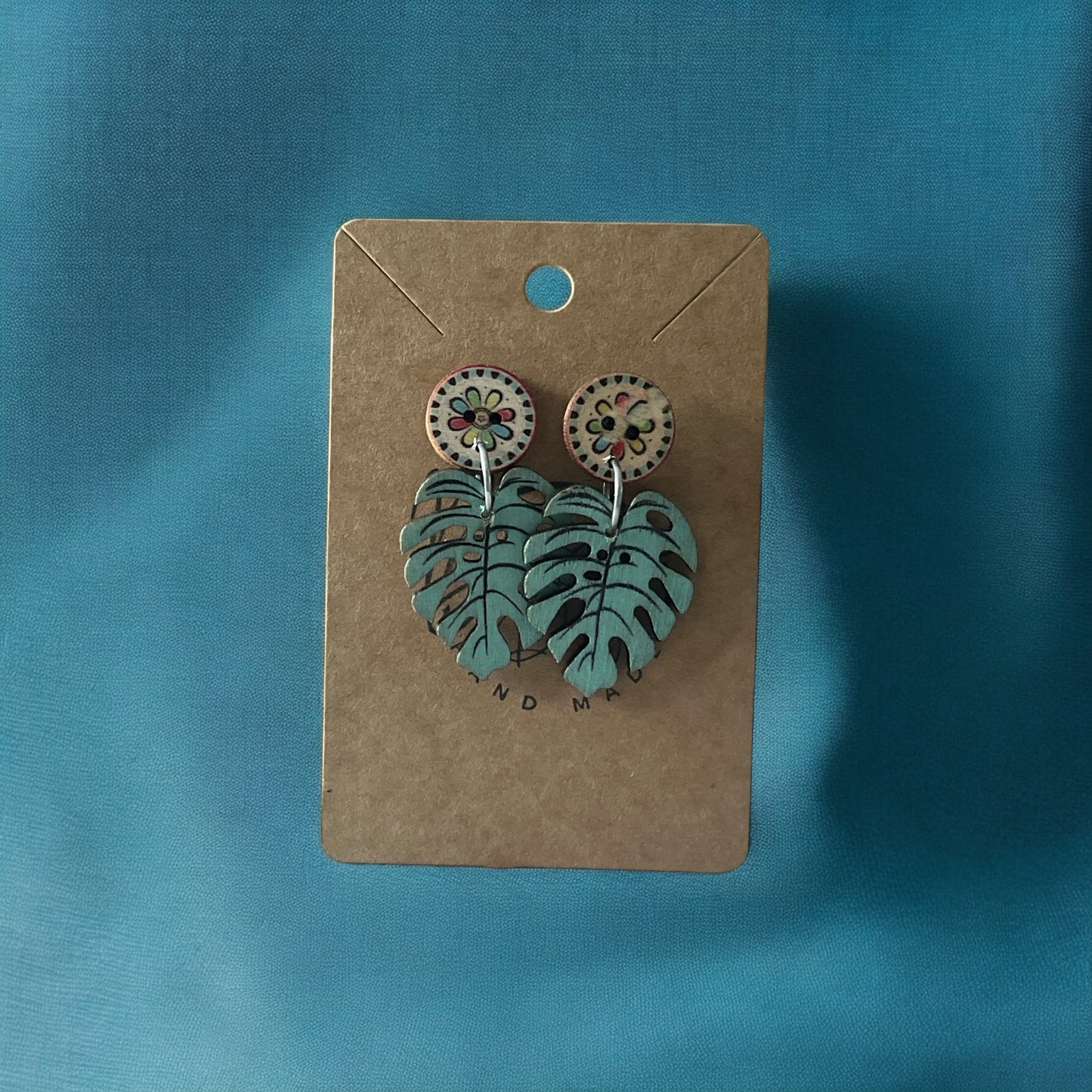 Earrings painted Wood Leaves and flowers - Träsmycken Hantverk- Bessie design handmade/ / Wooden jewelry