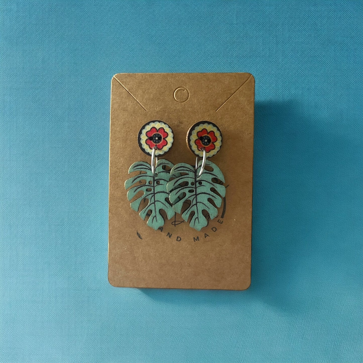 Earrings painted Wood Leaves and flowers - Träsmycken Hantverk- Bessie design handmade/ / Wooden jewelry