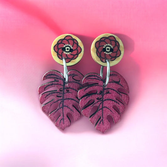 Earrings painted Wood Leaves and flowers - Träsmycken Hantverk- Bessie design handmade/ / Wooden jewelry