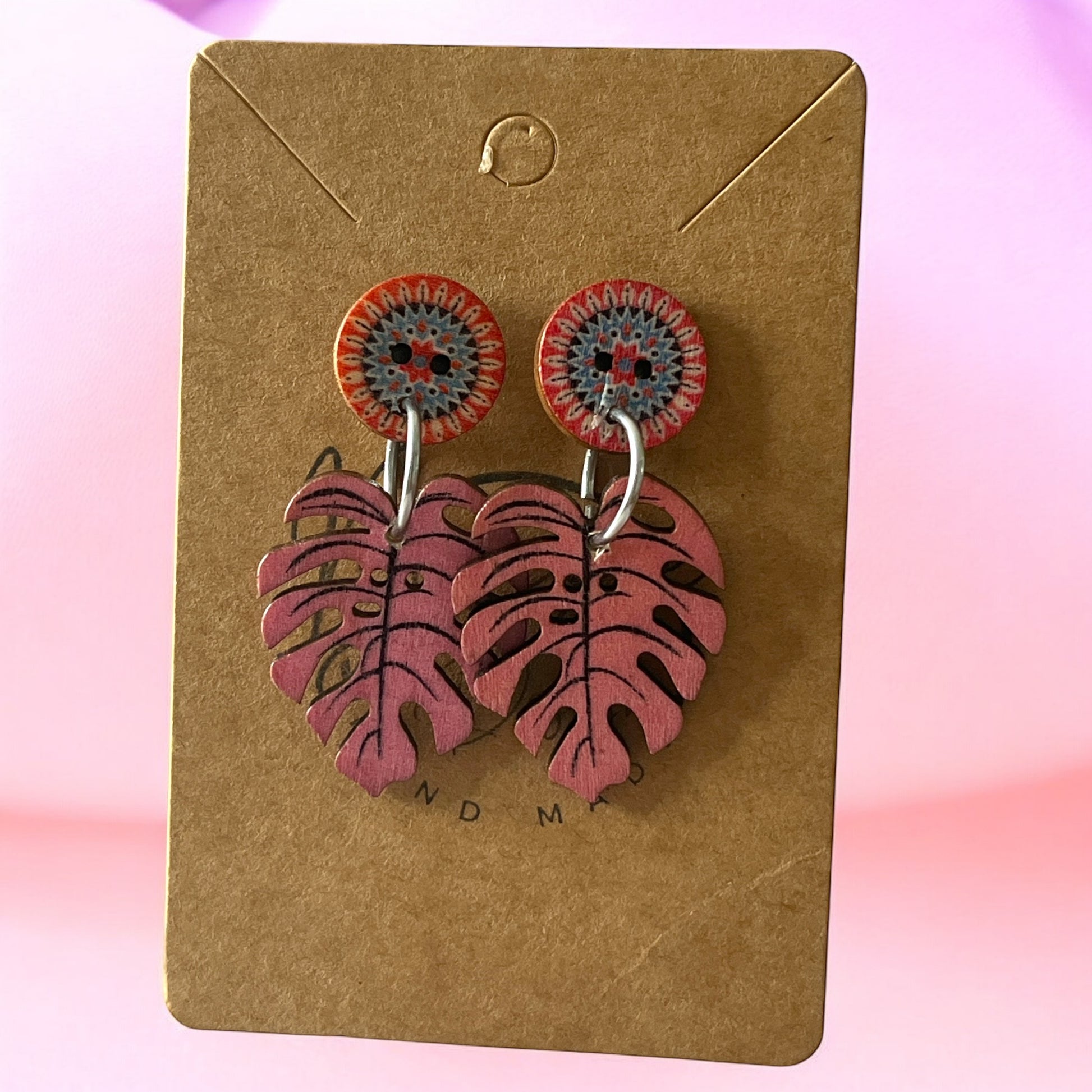 Earrings painted Wood Leaves and flowers - Träsmycken Hantverk- Bessie design handmade/ / Wooden jewelry